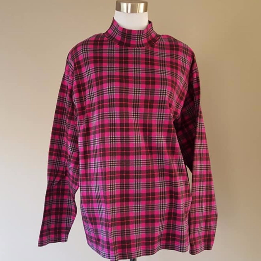 Pullover Top Large Pink Plaid Karen Scott